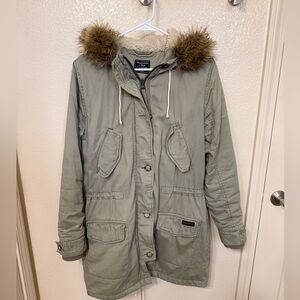 Abercrombie & Fitch Olive Utility Jacket with Faux Fur Trim